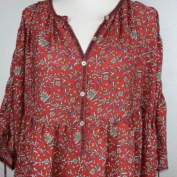 Max Studio Women's Red Floral Lightweight Long Sleeve Boho Tunic Top 1X - Picture 4 of 10